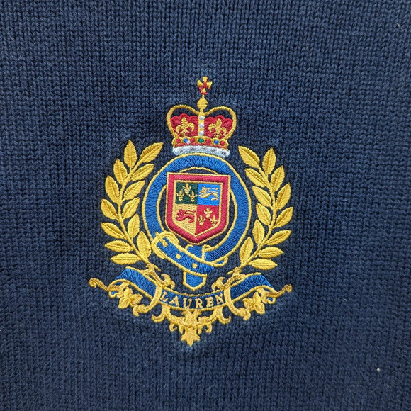 Vintage Y2K Ralph Lauren Navy Blue Embroidered Crest Knit Sweater - Picture 7 of 11
